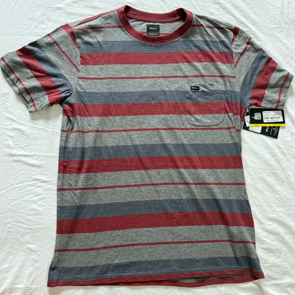 NWT RVCA Men's Gray Blue and Red Striped Tee Medium